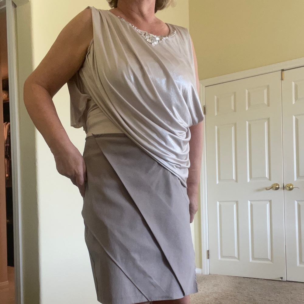 💋SALE💋Jennifer Lopes Asymmetric Taupe Underlined Stone Beaded Blouse, Size M. - Picture 2 of 10